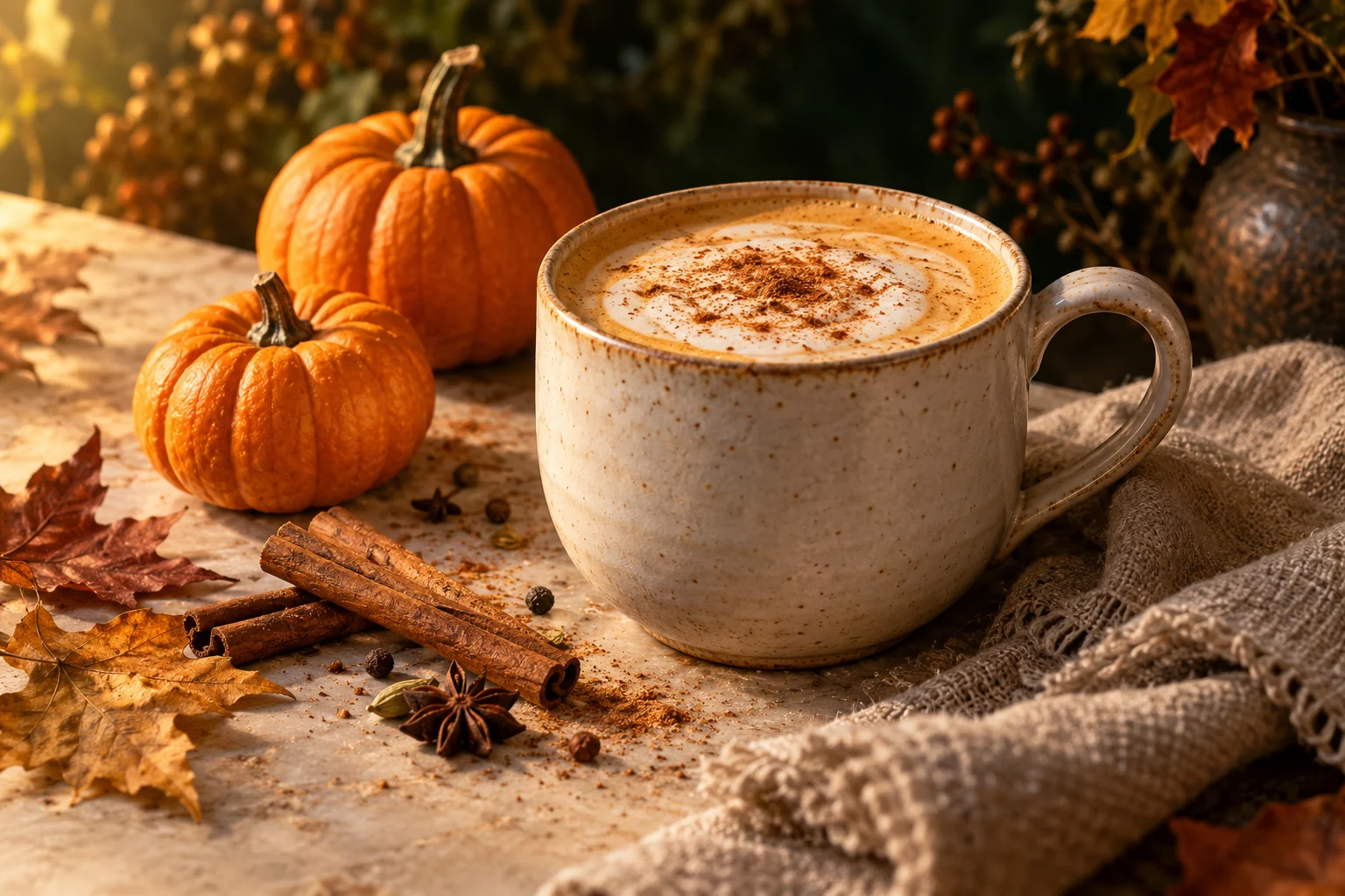Pumpkin spice chai in an ivory mug with tiny pumpkins and autumn leaves